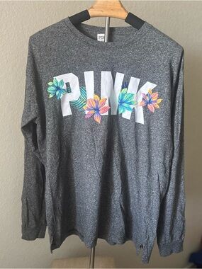 Victoria’s Secret PINK Campus Tee Gray Embroidered Floral LS Relaxed Women’s M